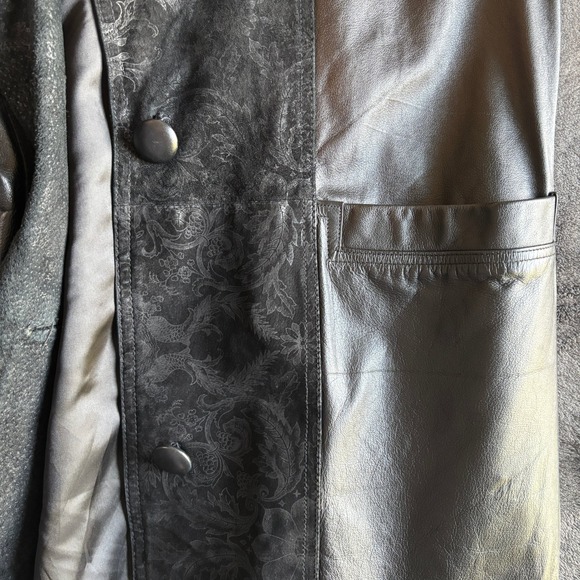 Vintage Leather Suede Coat Women's Duster Jacket Long Black Floral Pattern - Picture 11 of 14